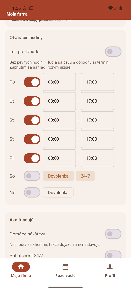 Setting the opening hours in the app